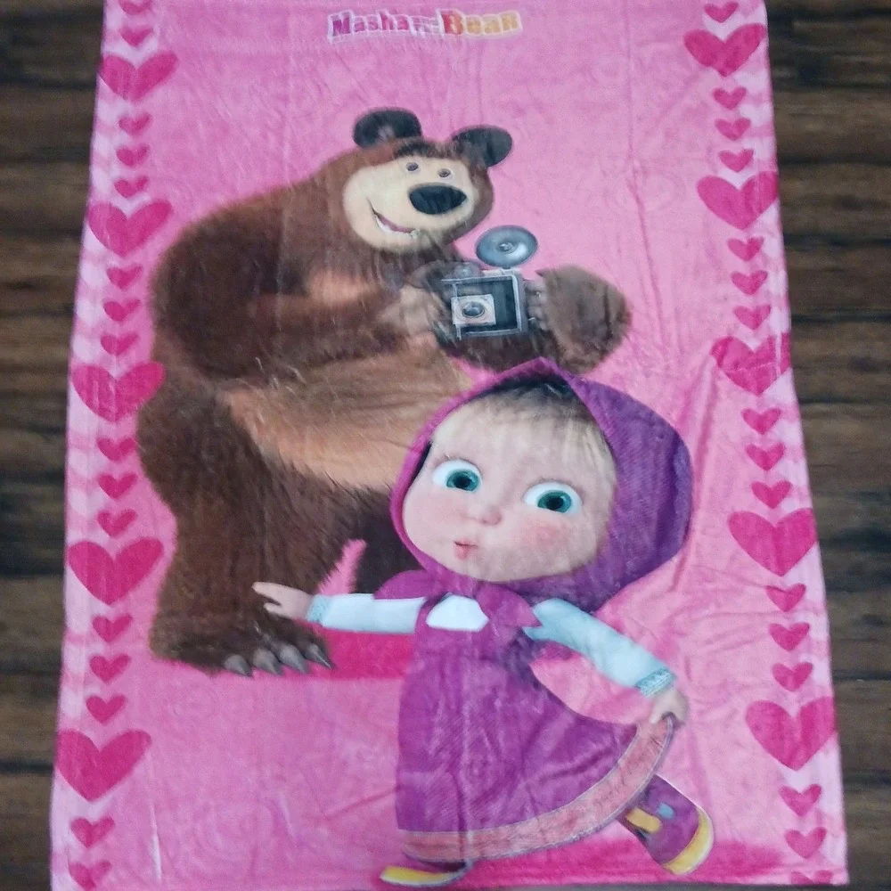 Masha and the Bear Pink Heart Plush Throw Blanket 50x40 Kids Fleece